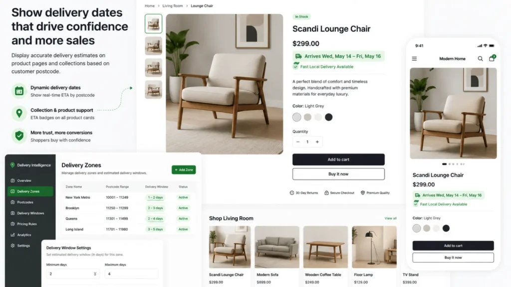 Ecommerce delivery intelligence system with postcode validation, regional pricing rules, and delivery analytics for Shopify