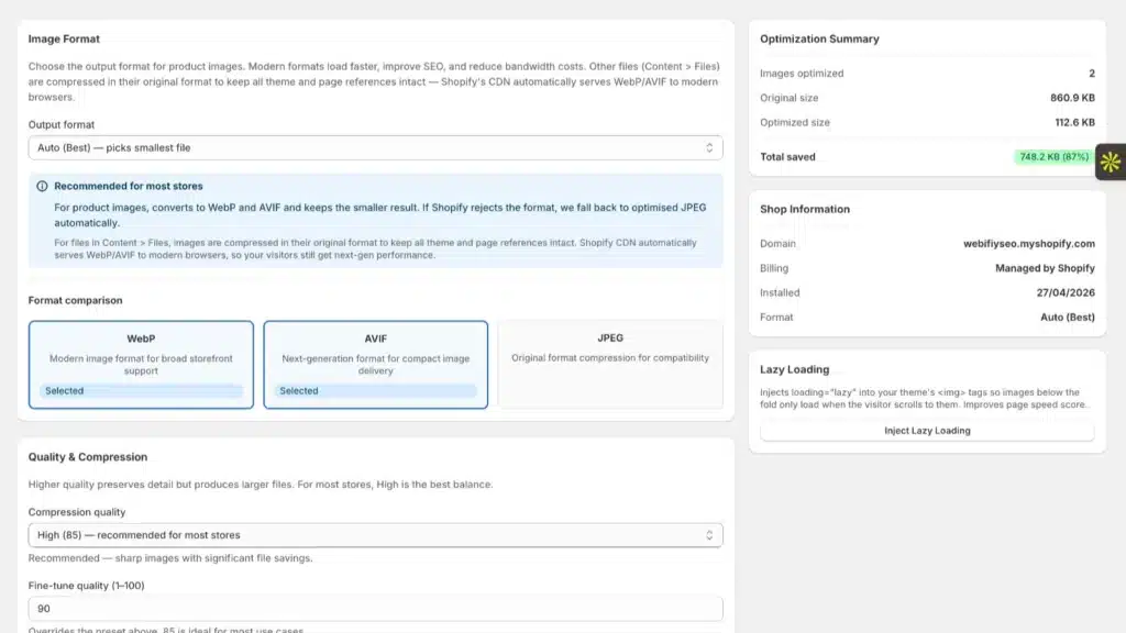 Shopify image optimization app improving page speed, SEO, and bandwidth using WebP and AI alt text generation