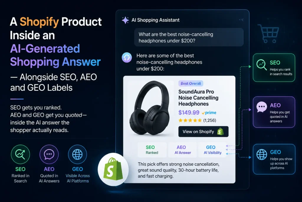 A Shopify product appearing inside an AI-generated shopping answer alongside SEO, AEO and GEO labels
SEO gets you ranked. AEO and GEO get you quoted — inside the AI answer the shopper actually reads.
