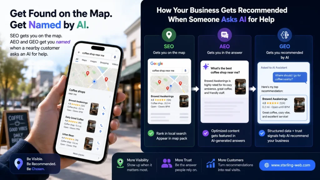A customer using a phone to find a local business while SEO, AEO and GEO labels show how it gets recommended by AI